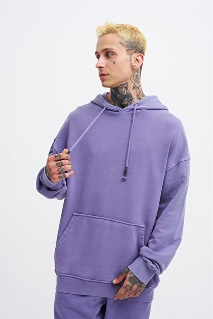 Machinist Erkek Yıkamalı Basic Kapüşonlu Oversize Sweatshirt Mor