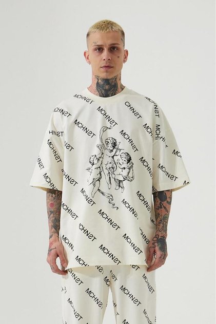 Men's Mchnst Angels Printed Oversize Cream T-Shirt