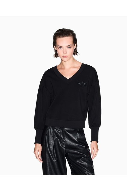 Women's Comfortable Fit V-Neck Ax Logo Embossed Long Sleeve Black Sweatshirt