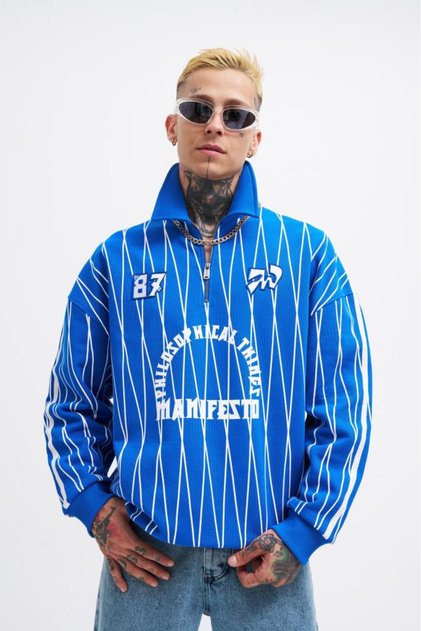 Men's Printed and Zip Polo Sweatshirt Soft Blue