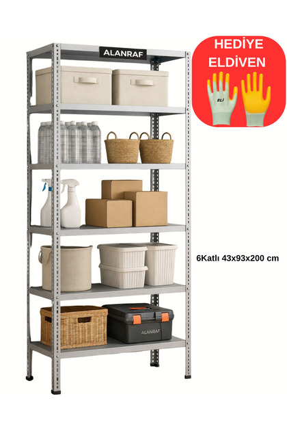 ALANRAF 6 Katlı 43x93x200 Cm Galvaniz Çelik Raf - Depo, Arşiv