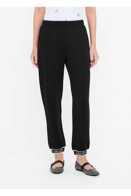 Women's Regular Fit Woven Fabric Black Trousers with Elastic Waist and Cuffs
