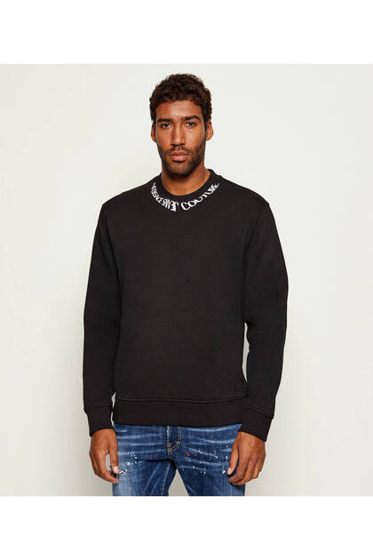 Erkek Regular Fit Yakasında Logo Baskılı Pamuklu Uzun Kollu Siyah Sweatshirt