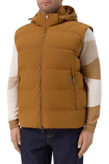 Men's Quilted Patterned Padded Hooded Brown Vest