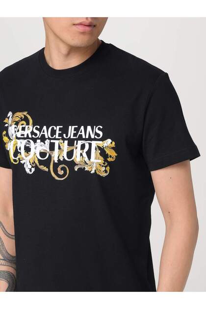 Versace Erkek Bisiklet Yaka Kısa Kol Yazı ve Desenli Siyah T-Shirt