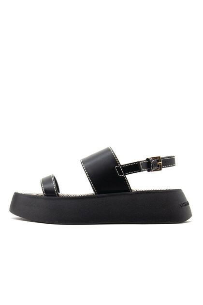 Kadın Ayarlanabilir Bilek Kayışı Üst Tarafı Kabartma Logolu Platform Taban Siyah Sandalet