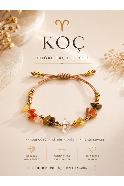 Aries Zodiac Real Natural Stone Knitted Bracelet – Tiger Eye, Citrine, Agate, Crystal Quartz