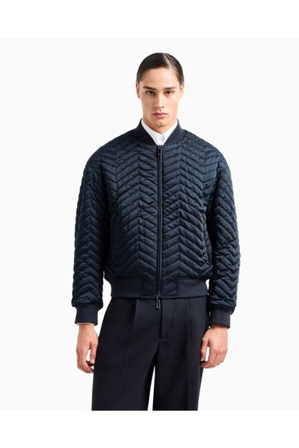 Men's Double-Sided Stand Collar Long Sleeve Navy Blue Coat with Brand Logo on the Back