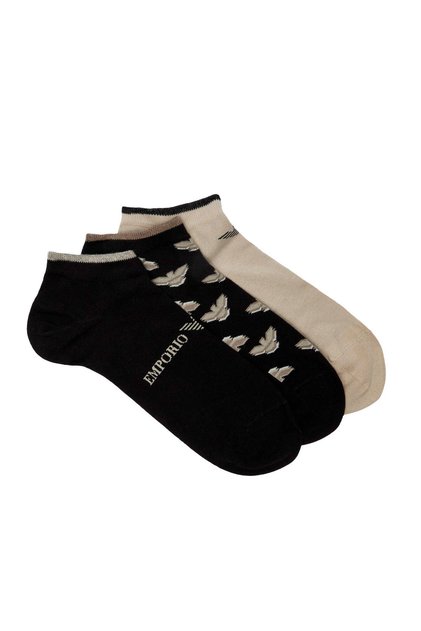 Men's Stretchy Cotton Fabric Ankle-Length Jacquard 3-Piece Black-Beige Socks