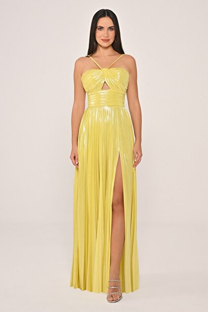 ALFABETA Women's Woven Polyester Blend Evening Stylish Yellow Evening Dress  & Graduation Dress- Trendyol