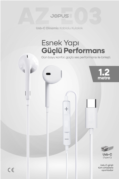 İphone 15-16-17 Serileri Uyumlu TAK ÇALIŞTIR - İphone Samsung Redmi Type-C Kablolu Kulaklık AZ-E03