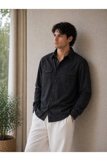 Men's Cotton Linen Chest Pocketed Regular Shirt