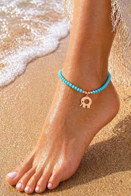 Turquoise Beaded Anklet with Rose Elephant Figure