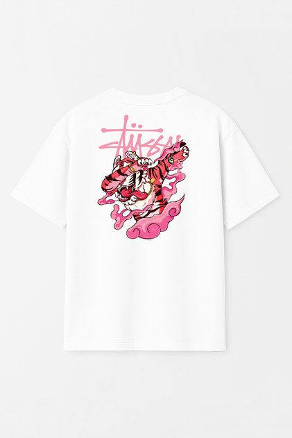 Unisex Stüssy Tiger Printed Oversize 100% Cotton Wide Cut Textured Crew Neck T-Shirt Rf0666