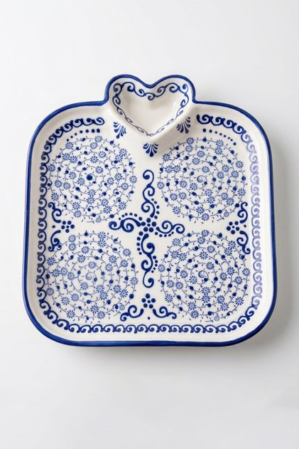 El Yapımı Kalp ve Bahar Temalı Sunum Tabağı - 20 cm - Mavi Beyaz