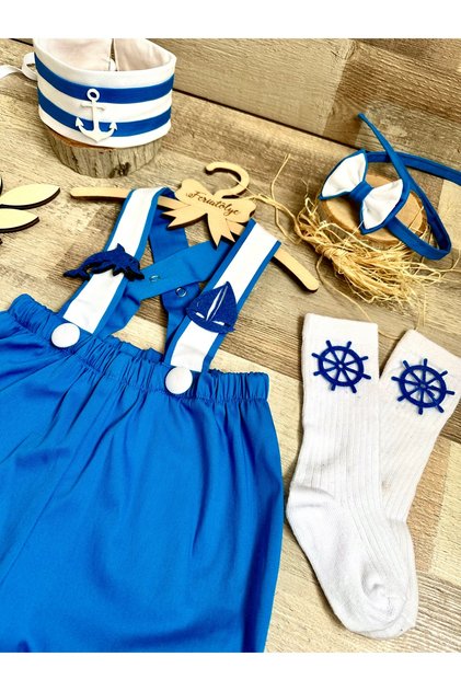 Sailor Concept Handmade Custom-Made Baby Boy Bow Tie Salopet Bow Tie Socks Crown Set