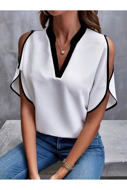 Women's Short Sleeve V-Neck Imported Crepe Blouse