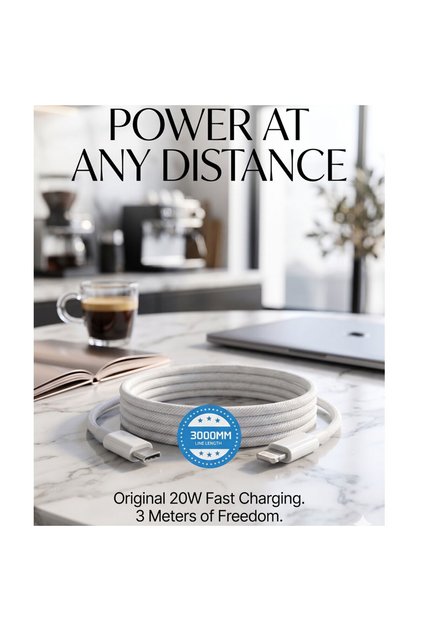 3m 20W Type-C to Lightning Hızlı Şarj Kablosu - Kırılmaya Dayanıklı Örgülü iPhone Şarj Kablosu - Beyaz
