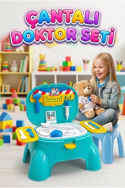Taşınabilir Çantalı Tabure Olabilen 16 Parçalı Eğitici Çeşitli Doktor Aletli Oyuncak Seti