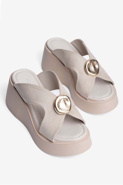 Women's Suede Slippers with Padded Sole and Gold Detail in Elox Beige