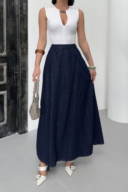 Women's Elastic Waist Flared Long Skirt Dark Blue 1063-17