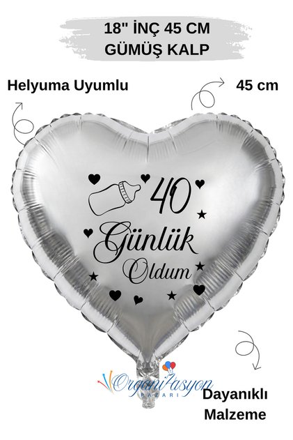 18 Inch Silver Heart Foil Balloon | I'M 40 Now | Baby Bottle with Figure | Baby Mevlüt