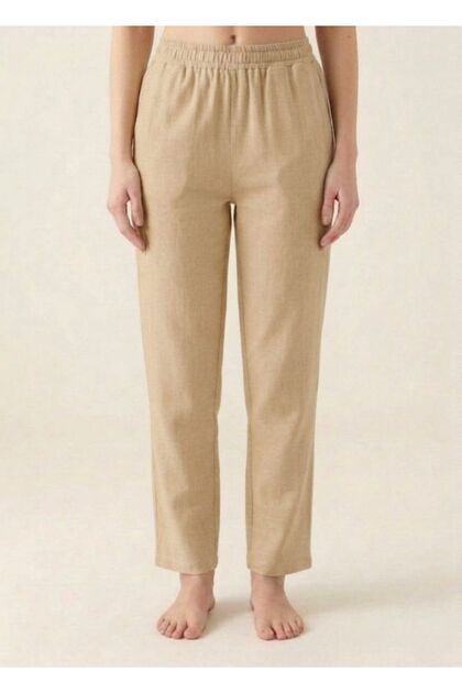 Beige Color 100% Cotton Muslin Fabric Women's Trousers with Elastic Waist - Women's Hajj Umrah Trousers