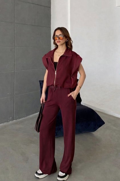 Women's Plum Color Front Zippered Parachute Garnished Vest and Trousers Two-Piece Set