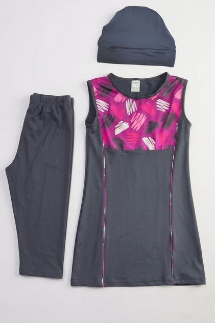 Anthracite Girls' Semi-Closed Swimsuit Set with Tights, 3-Piece Swimsuit Set (Cap + Tunic + Tights)