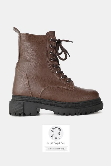 Women's Brown Genuine Leather 35-41 Size Lace-Up Boots & Booties
