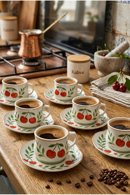 Cherry Patterned 6-Person Coffee Cup Set 90 ml 09502