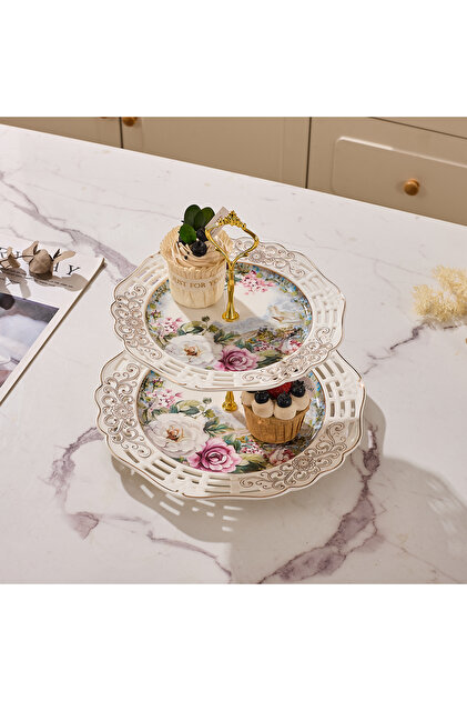 Platou etajat 2 niveluri porțelan, model floral vintage, platouri rotunde