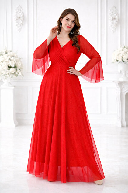 IŞILTI Women's Double Breasted Collar Long Tulle Sleeves Chiffon Glittering  Elegant Cut Red Evening Dress- Trendyol
