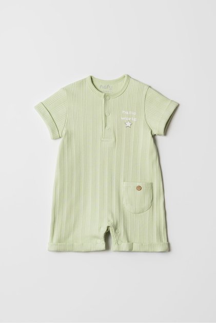 Hello World Patterned, Short Sleeve, Summer Baby Romper-Grey, Yellow, Green