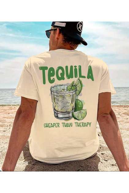 تي شيرت TEQUILA Therapy بتصميم مطبوع بأكمام قصيرة وياقة دائرية للجنسين مقاس كبير