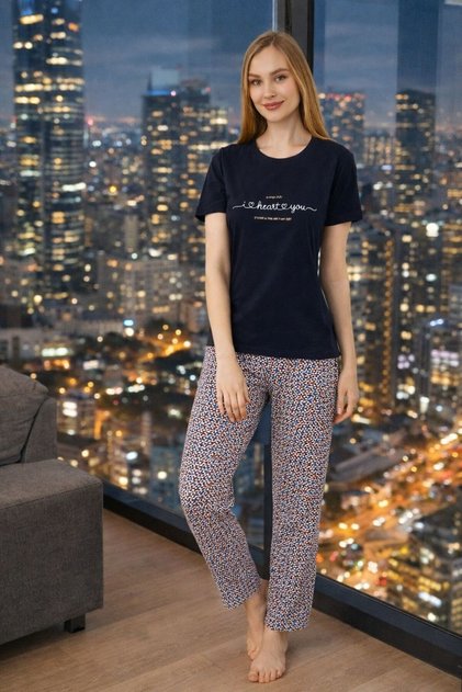 Short-Sleeved Navy Blue Pajama Set