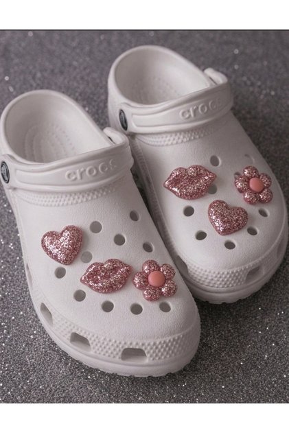 Pembe Simli Kalp Dudak Çiçek Jibbitz Charm 6’lı Set – Terlik Süsü, Parlak Glitter Terlik Aksesuarı