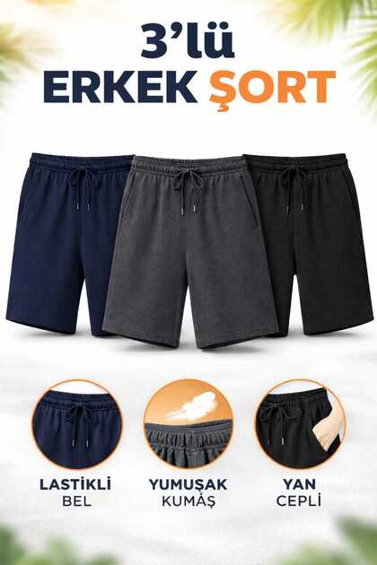 3'lü Set Rahat Kalıp Unisex Penye Spor Şort