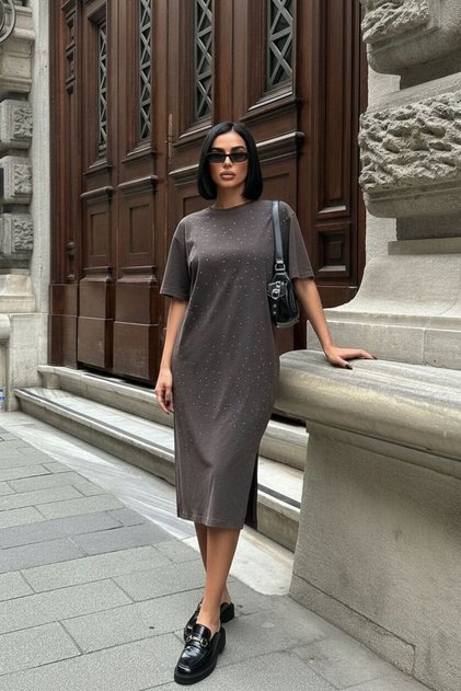 Kadın Yıkamalı Taşlı Yırtmaçlı Elbise