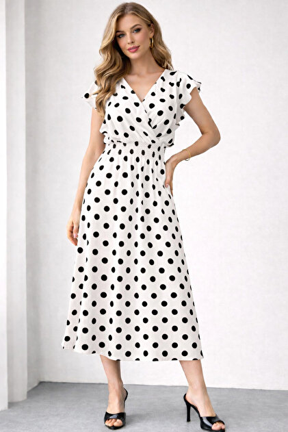 Bürümcük Fabric White Polka Dot Long Women's Dress