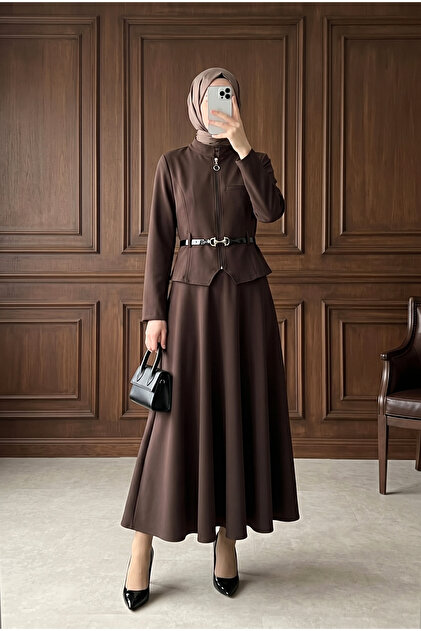 Zippered Belted Diagonal Skirt Top and Bottom Set - Brown - Coffee