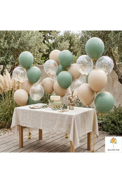 Engagement Ornaments Balloon Set 20 Pieces Eucalyptus Beige Gold Confetti Transparent Balloon