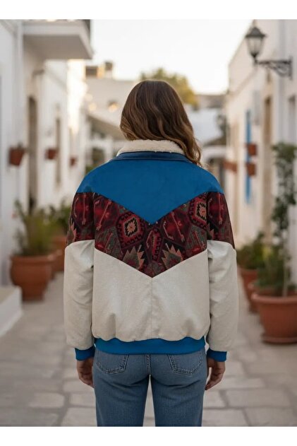 CANMODA (7913) Recien Unisex Kürklü Yaka Vintage Aztek Ceket