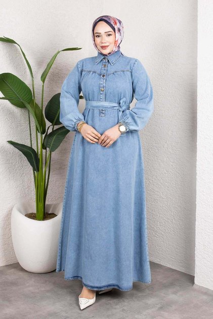 Belted Buttoned Denim Dress – Hijab Denim Long Dress Light Blue
