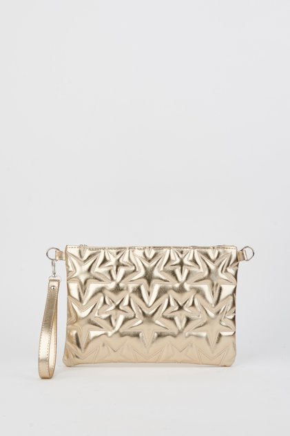 Women's Yellow Star Embroidered Patent Leather Portfolio Handbag and Clutch Bag with Chain Strap
