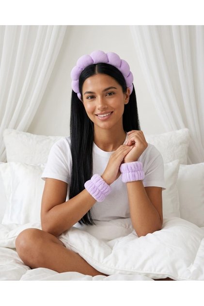Lilac Women's Terry Cloth Curved Spa Makeup Crown and Face Washing Wristband Set / Hair Accessory