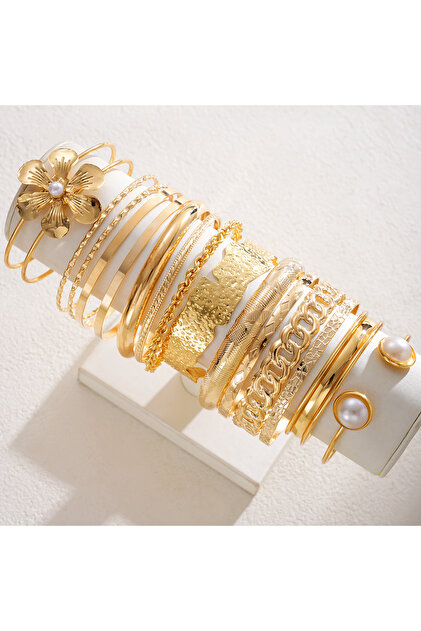AYA 15Pcs Gold Color Floral Pearl Bangle Set For Women Hammered Texture Flower Charm Stackable Brace