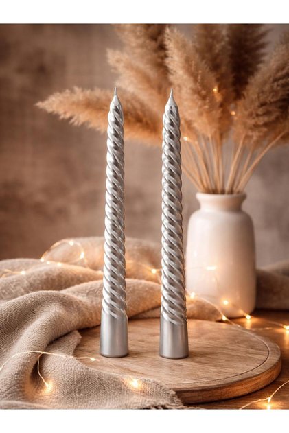 Metalik Gümüş Spiral Şamdan Mum – Dekoratif Masa Dekoru 2'li