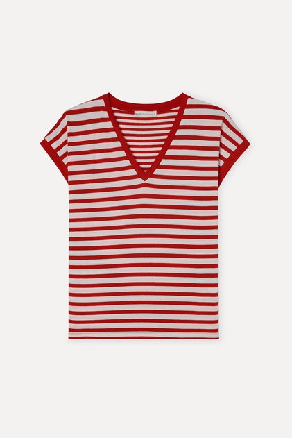 Women's Red Striped Loose Fit V-Neck T-Shirt