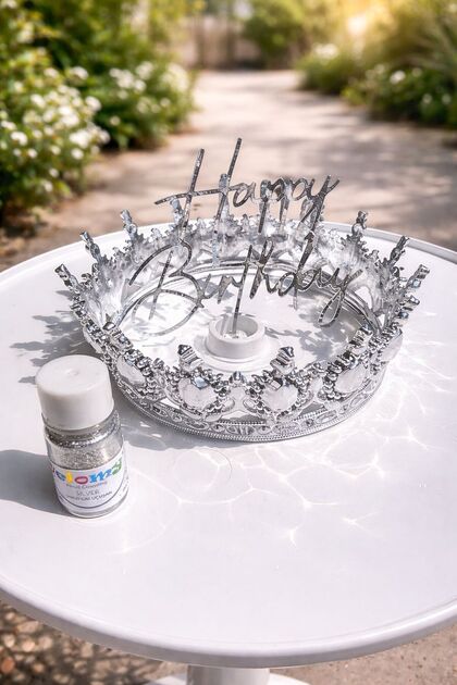Silver Cake Crown Set Happybirthday Lettering Full Round Crown Edible Flying Disco Glitter